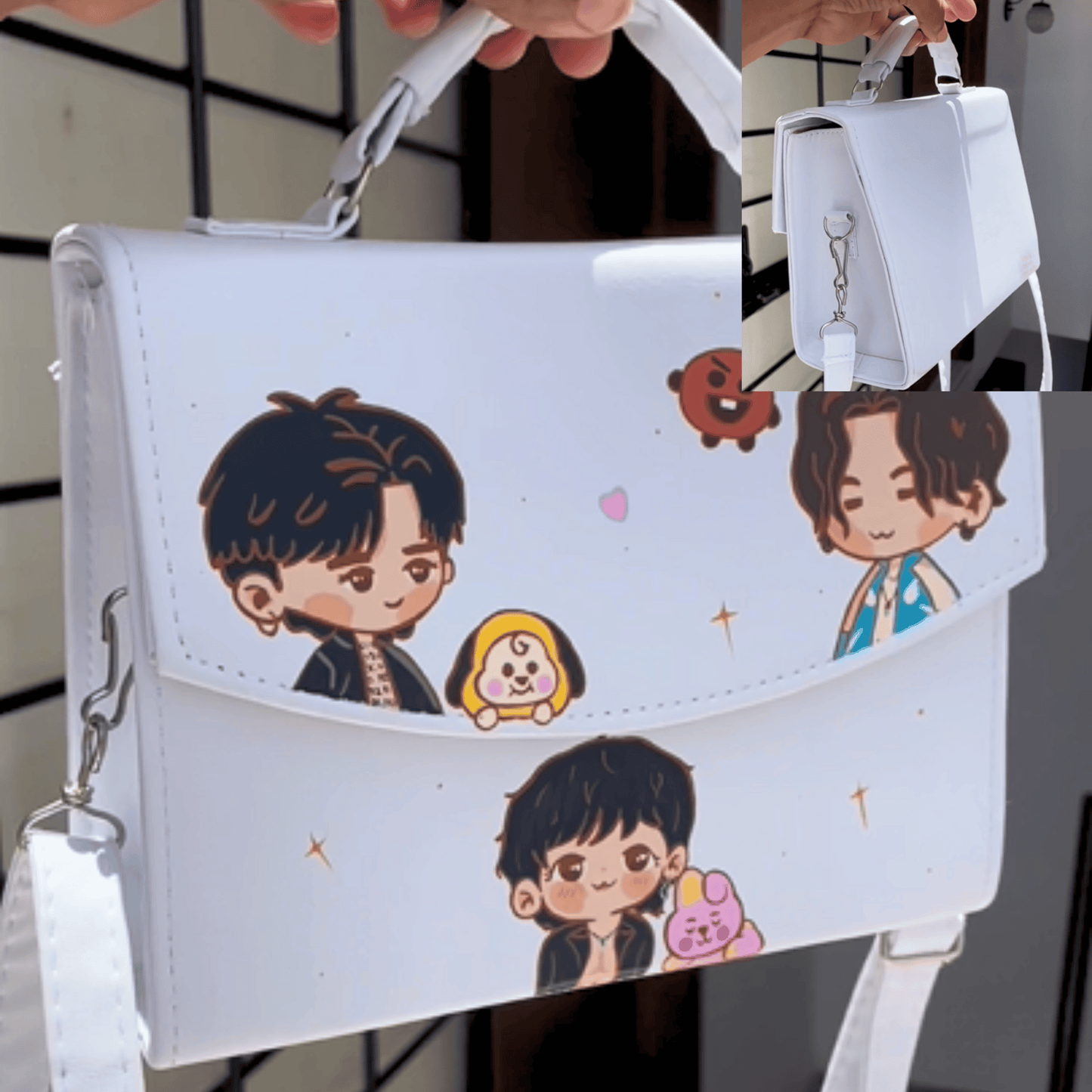 Exclusivo: Bolsa Bag Tote BTS BT21 Pintura Personalizada com Alça Regulável e de Mão Tamanho M + *BRINDES 1x Chaveiro* - EDIÇÃO LIMITADA